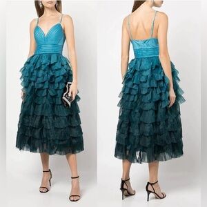 NEW MARCHESA NOTTE V-Neck Ombre Tulle Tiered Ruffle Gown Sage 14